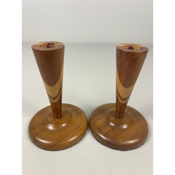 Vintage Mid Century Modern Inlaid Wood Taper Candlestick Holders Set of 2 MCM - Picture 5 of 11